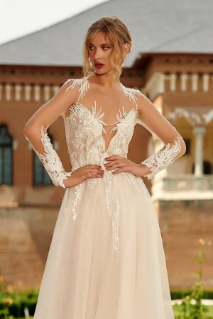 Ethereal Tulle Wedding Gown with Illusion Bodice and Long Sleeves