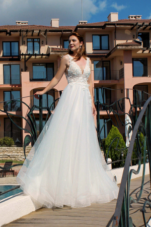 BRIDAL - Lace and feathers glittery tulle wedding dress