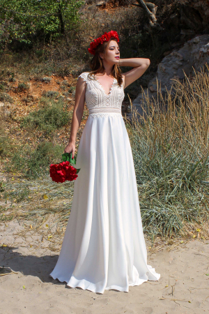 A-line Boho Lace and Satin Beach Wedding Dress [1]