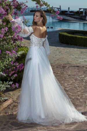Romantic Off-Shoulder Wedding Gown with puffy Sleeves & High Slit [5]