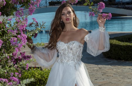 Romantic Off-Shoulder Wedding Gown with puffy Sleeves & High Slit [1]