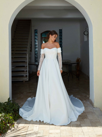 A line - Satin a line wedding dress with detachable sleeves