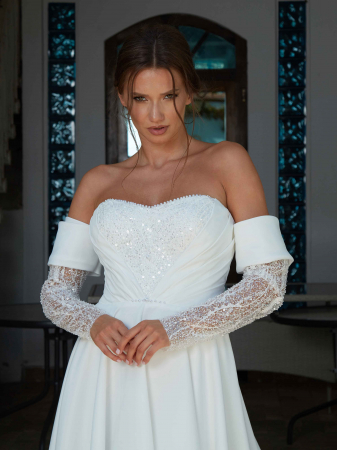 Satin a line wedding dress with detachable sleeves [1]