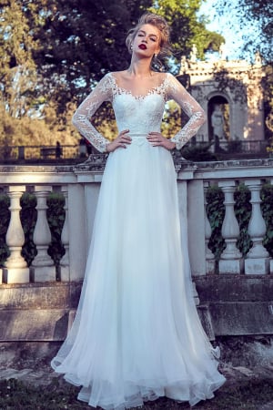 Elegant Bohemian A-Line Lace Wedding Dress with Long Lace Sleeves [0]