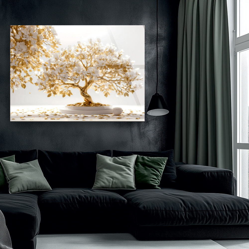 tablou din sticla acrilica cu arbore auriu mural si flori albe [2]