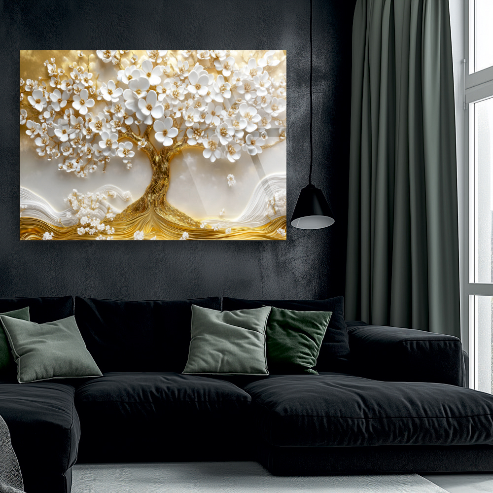tablou din sticla acrilica cu arbore floral auriu si flori albe [2]