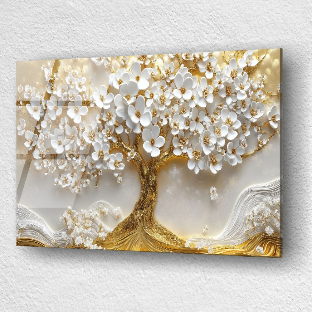 tablou din sticla acrilica cu arbore floral auriu si flori albe [3]