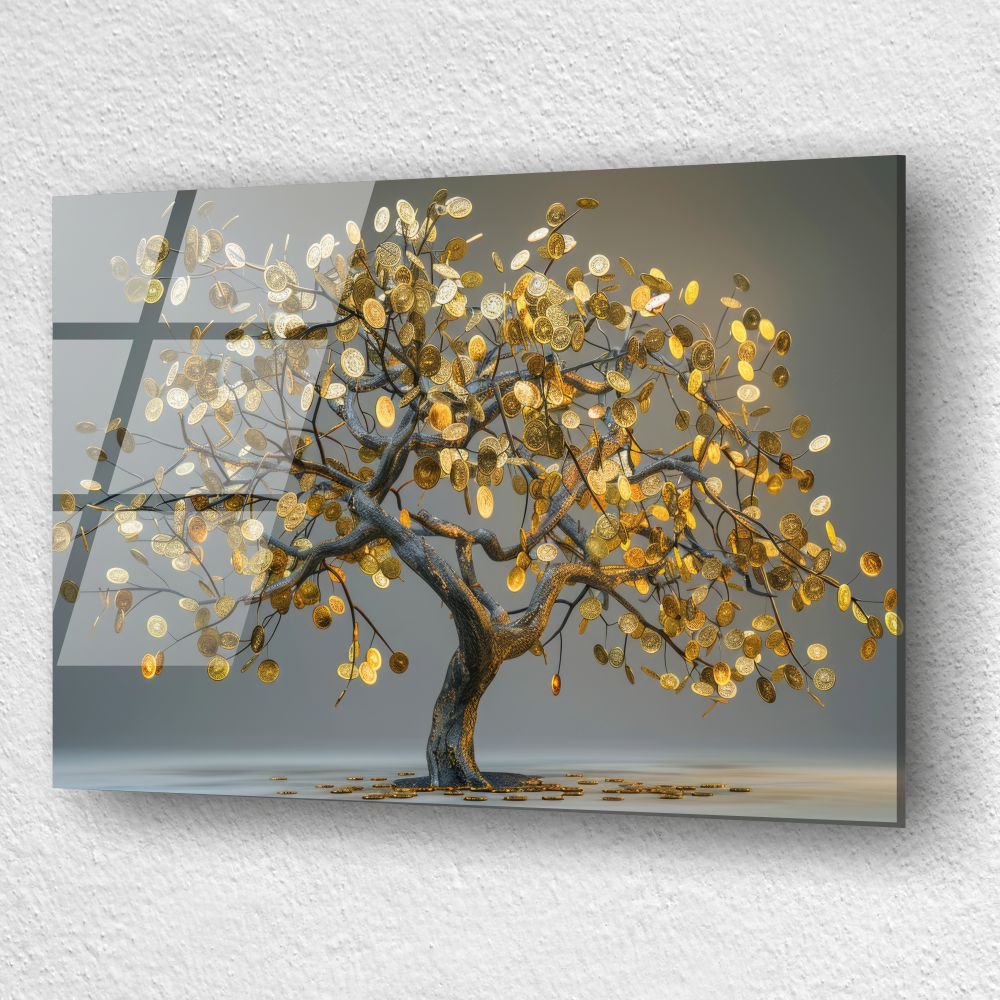 tablou din sticla acrilica cu arbore auriu si frunze din monede [3]