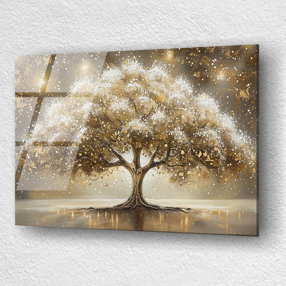 tablou din sticla acrilica cu arbore abstract si reflexii aurii pe apa [3]
