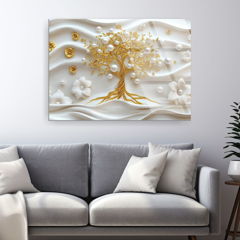 tablou din sticla acrilica Aureum Vitae Lux cu arbore al vietii auriu si flori perlate [2]