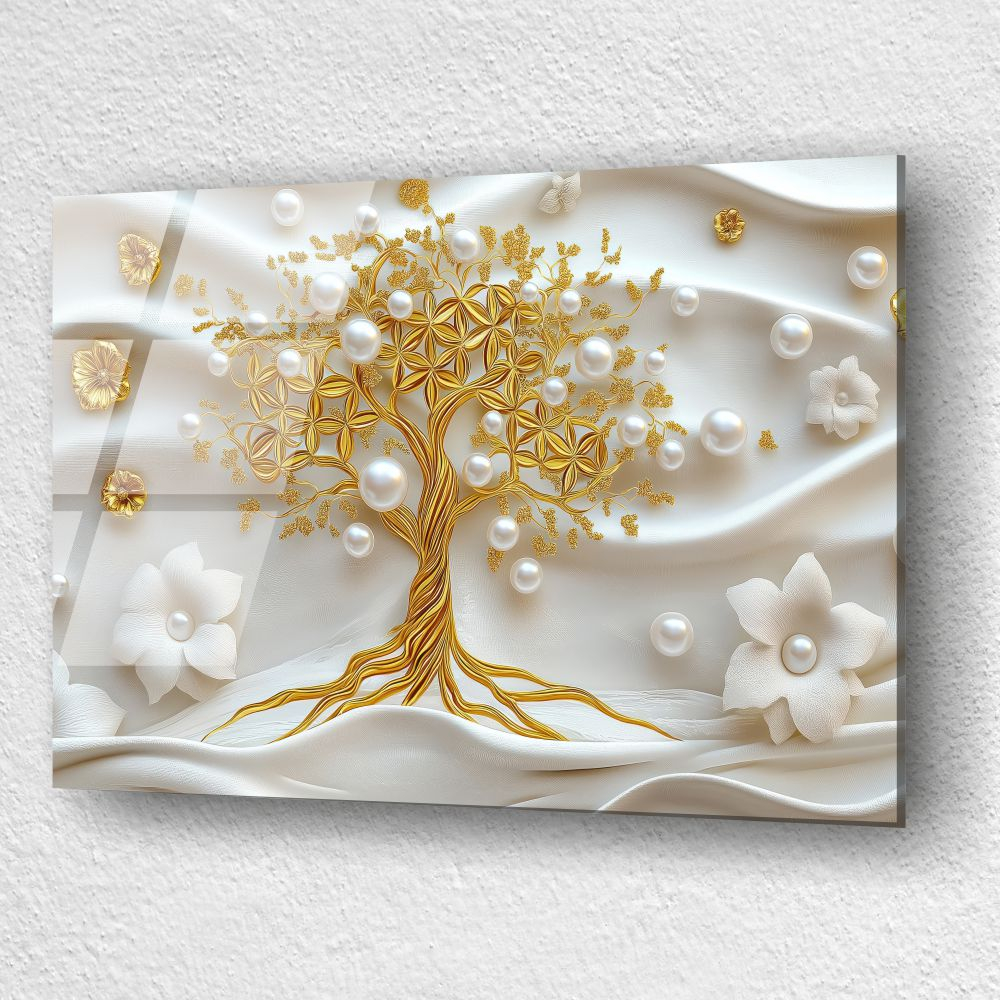 tablou din sticla acrilica Aureum Vitae Lux cu arbore al vietii auriu si flori perlate [3]