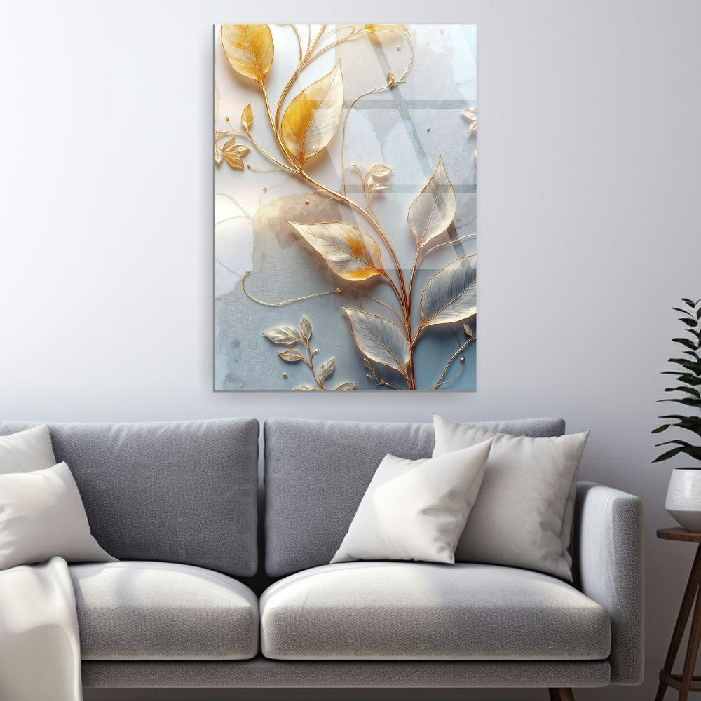 tablou din sticla acrilica cu crenguta botanica aurie si argintie, contur aur lichid [2]