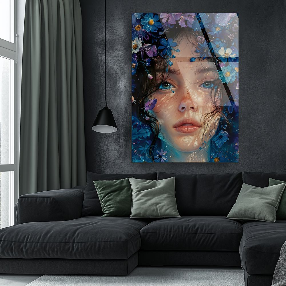 tablou din sticlă acrilică Blue Violet Portrait cu portret frontal si coroană florală alb-violet [2]