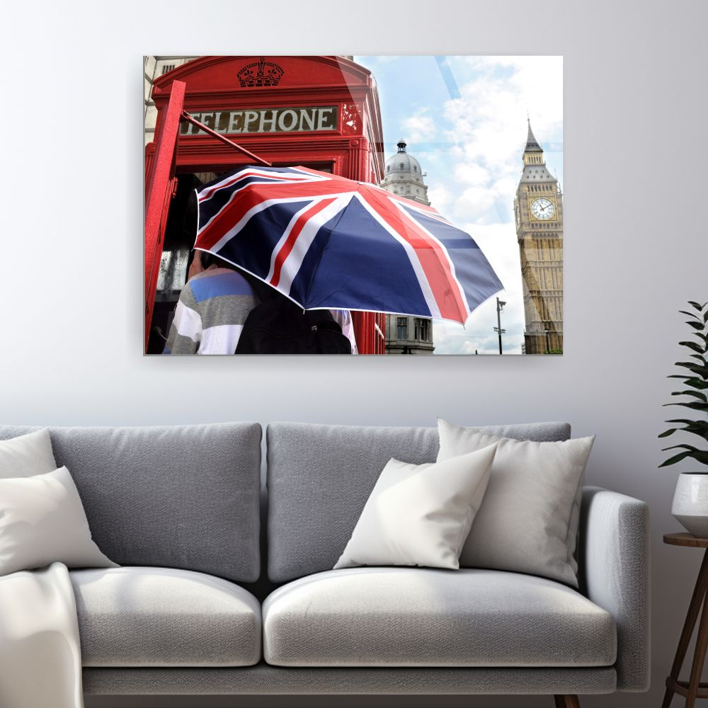 tablou din sticla acrilica tanar cu umbrela steag UK Londra Big Ben [2]