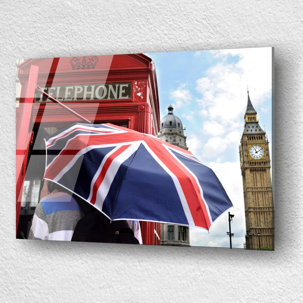 tablou din sticla acrilica tanar cu umbrela steag UK Londra Big Ben [3]
