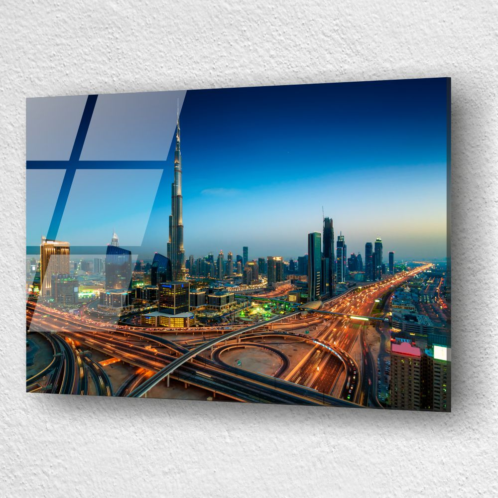 tablou din sticla acrilica Burj Khalifa Dubai cu vedere aeriana si autostrazi [3]