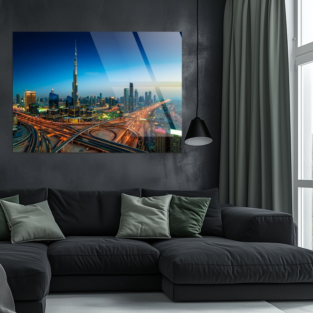 tablou din sticla acrilica Burj Khalifa Dubai cu vedere aeriana si autostrazi [2]