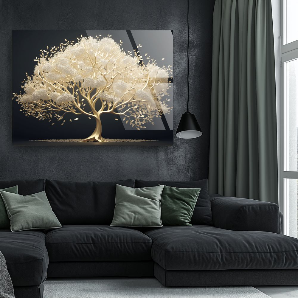 tablou din sticla acrilica Celestia Arbor, copac abstract aurit cu elemente albe pe fundal negru [2]