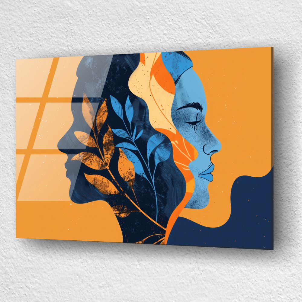 tablou din sticla acrilica doua profile feminine abstract cu elemente botanice [3]