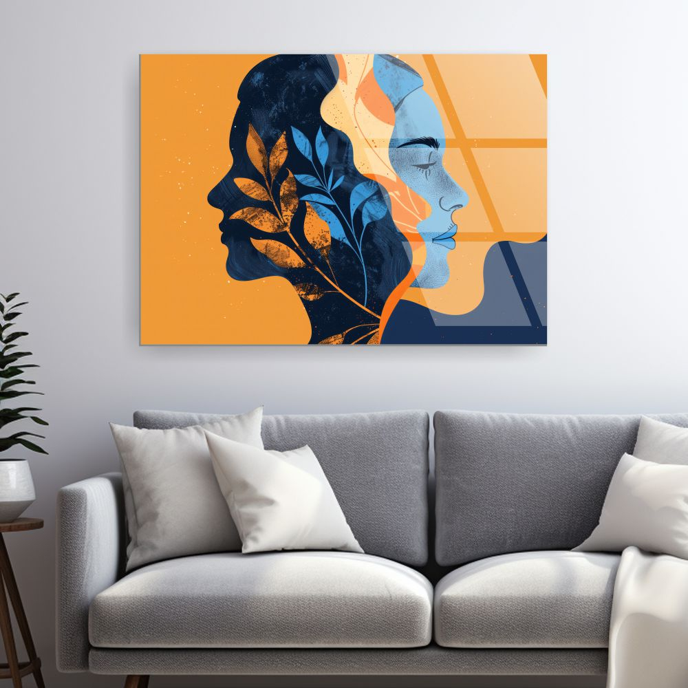 tablou din sticla acrilica doua profile feminine abstract cu elemente botanice [2]