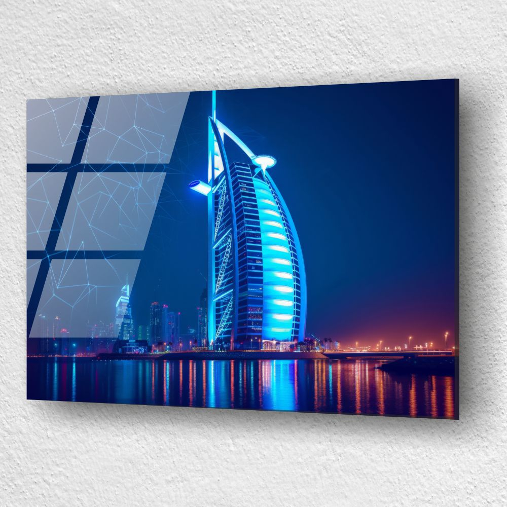 tablou din sticla acrilica Dubai Nights cu Burj Al Arab iluminat neon si cer cu stele [3]