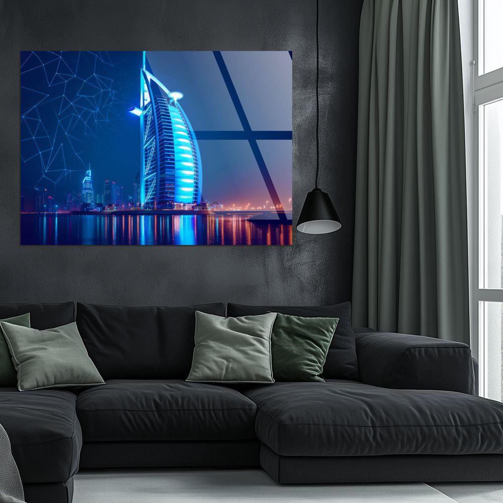 tablou din sticla acrilica Dubai Nights cu Burj Al Arab iluminat neon si cer cu stele [2]