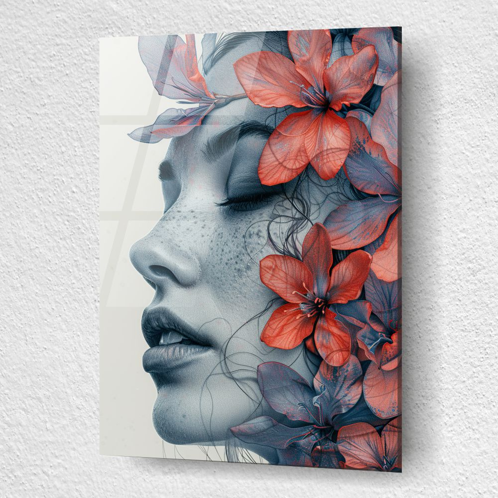tablou din sticla acrilica Floral Portrait cu profil feminin si flori integrate organic [3]