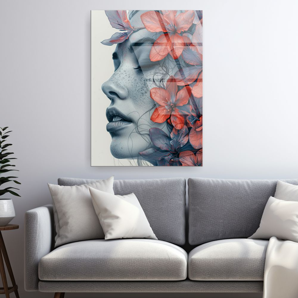 tablou din sticla acrilica Floral Portrait cu profil feminin si flori integrate organic [2]