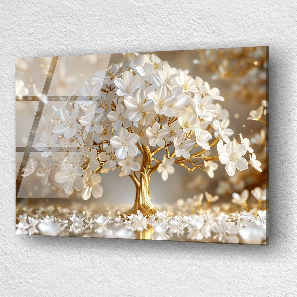 tablou din sticla acrilica Floris Aurea cu flori albe si rama aurie [3]