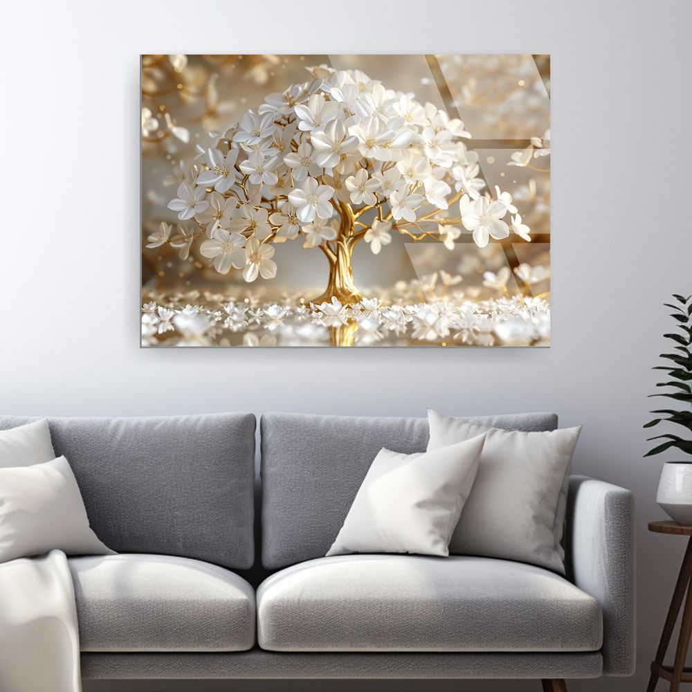 tablou din sticla acrilica Floris Aurea cu flori albe si rama aurie [2]