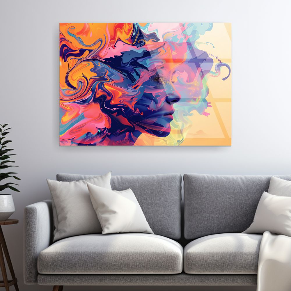 tablou din sticla acrilica portret femeie abstract cu valuri colorate [2]