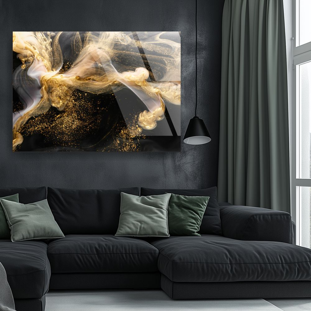 tablou abstract Gold Smoke & Black Opulence pe sticlă acrilică cu fum auriu [2]