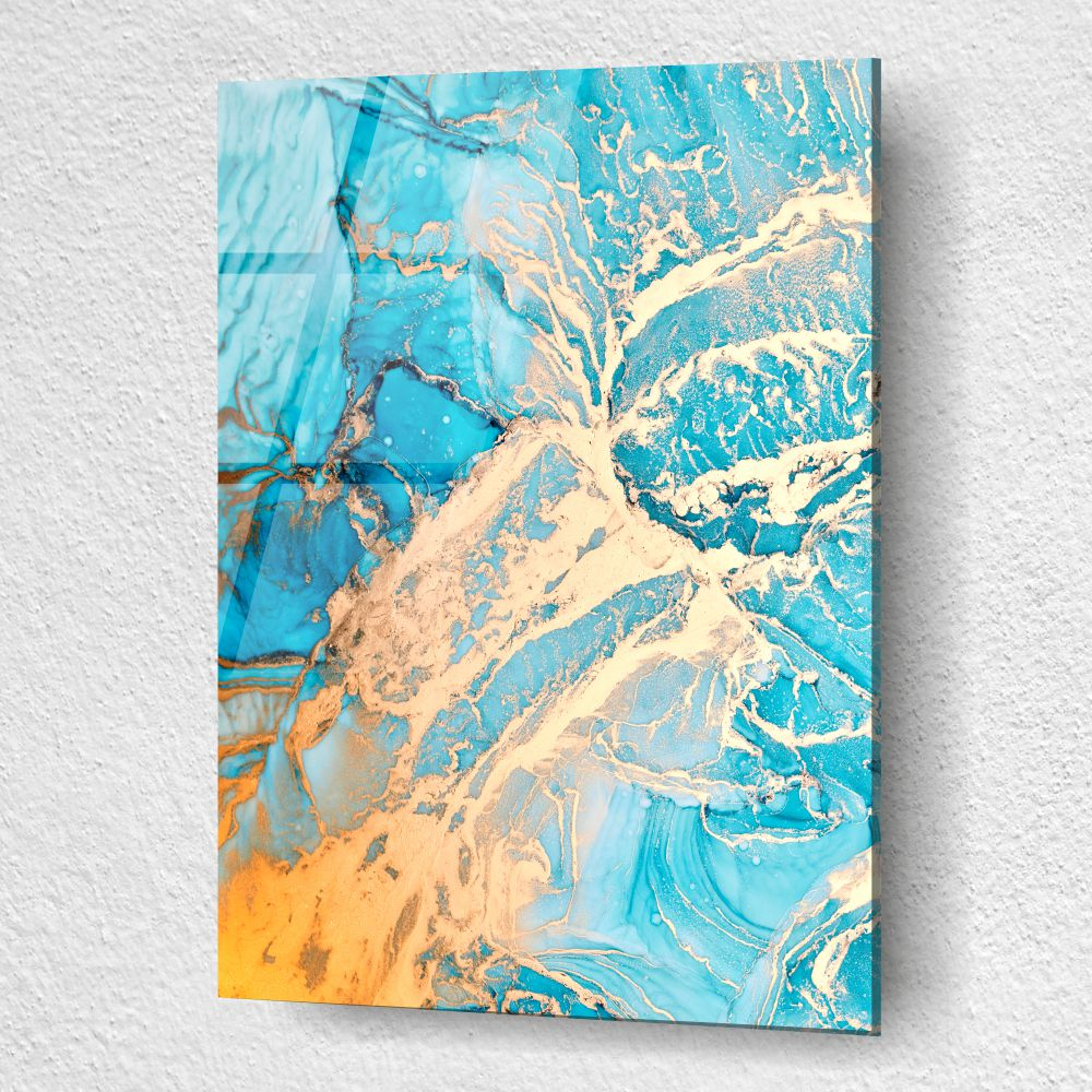 tablou abstract golden reef turquoise din sticla acrilica cu retea aurie si turcoaz [3]
