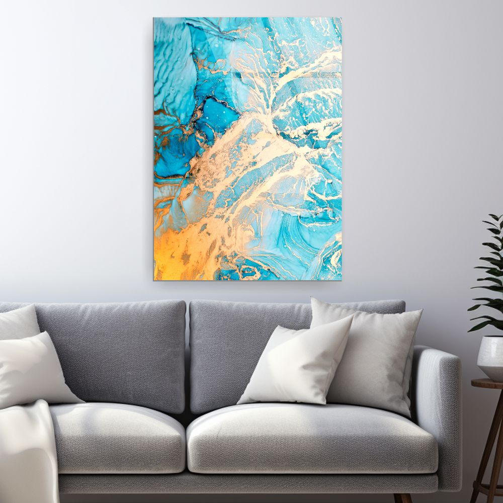 tablou abstract golden reef turquoise din sticla acrilica cu retea aurie si turcoaz [2]