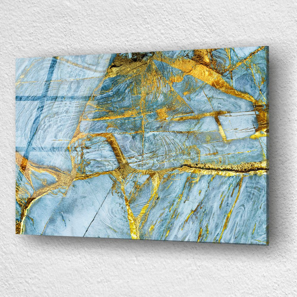 tablou abstract lapis lazuli cu fracturi aurii pe sticlă acrilică [3]