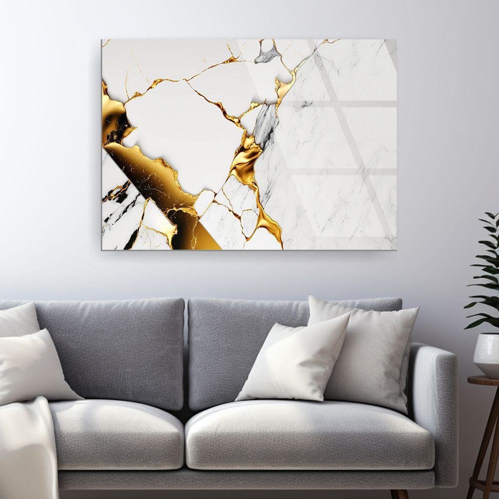 tablou abstract marble gold din sticla acrilica cu marmura alba si aur lichid [2]