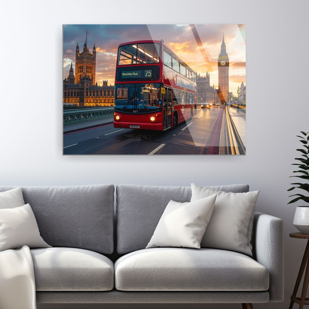 tablou din sticla acrilica cu autobuz rosu londonez si Big Ben la apus [2]