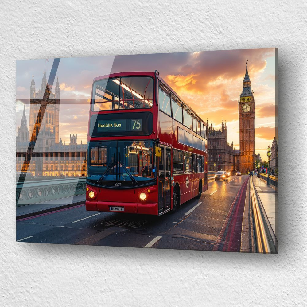 tablou din sticla acrilica cu autobuz rosu londonez si Big Ben la apus [3]