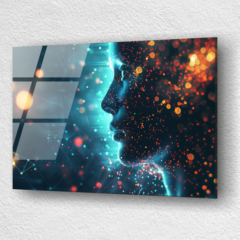 tablou din sticla acrilica profil digital feminin/androgin cu particule luminoase si retele conexiuni [3]