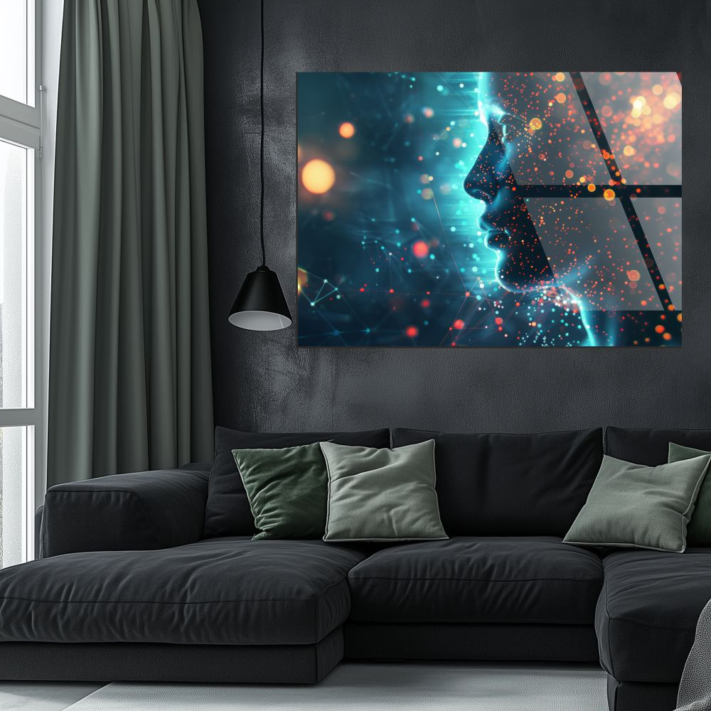 tablou din sticla acrilica profil digital feminin/androgin cu particule luminoase si retele conexiuni [2]