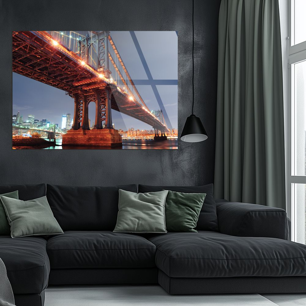tablou din sticla acrilica Manhattan Bridge cu skyline New York iluminat noapteafff [2]
