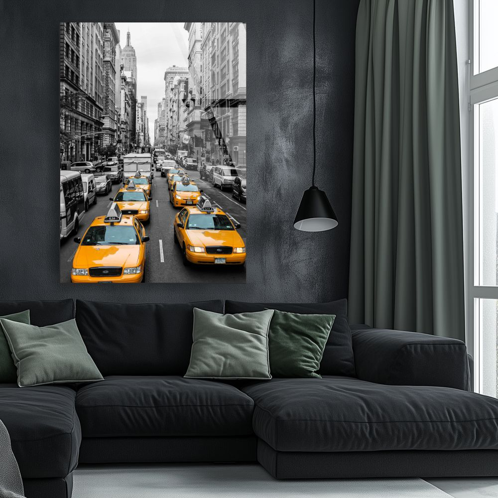 tablou din sticla acrilica New York alb negru cu taxiuri galbene Manhattan [2]
