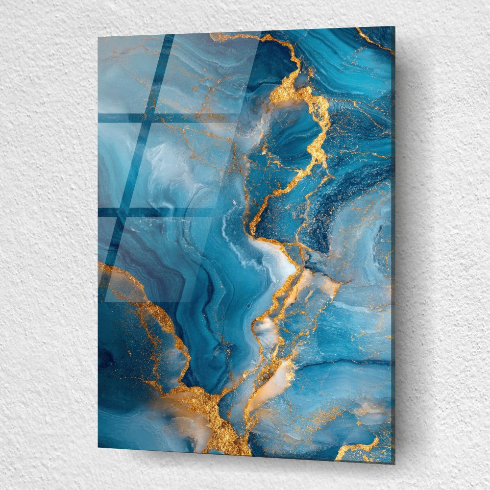 tablou abstract din sticla acrilica midnight gold flow cu texturi fluide albastre si insertii aurii [3]