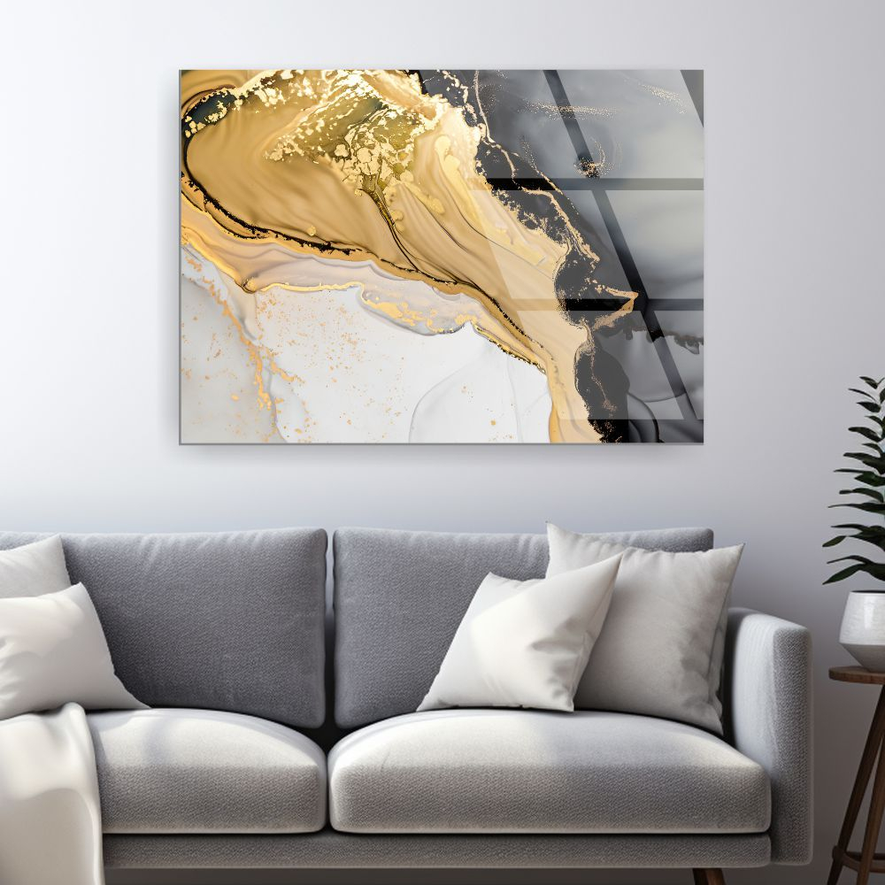 tablou abstract Molten Gold Contrast pe sticlă acrilică cu flux auriu central [2]