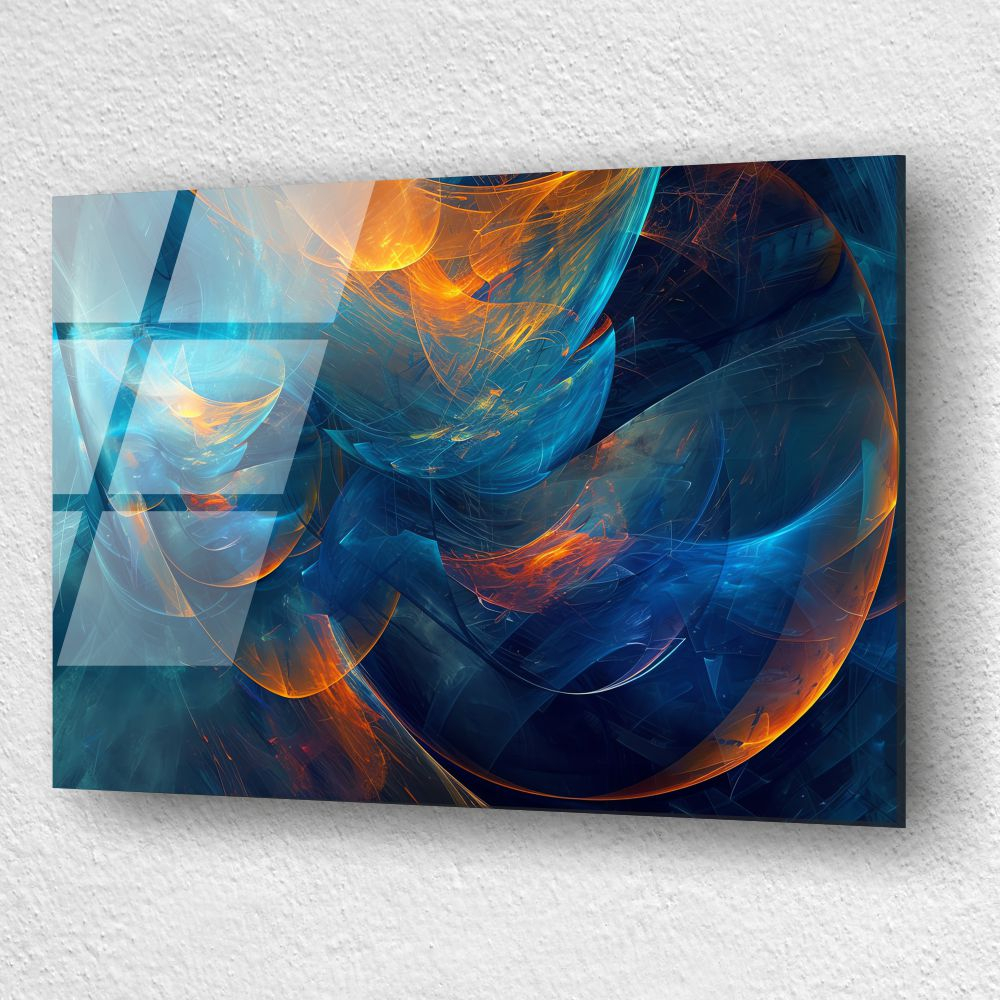 tablou abstract futurist neon energy vortex din sticla acrilica cu vortexuri de lumina albastru si portocaliu [3]