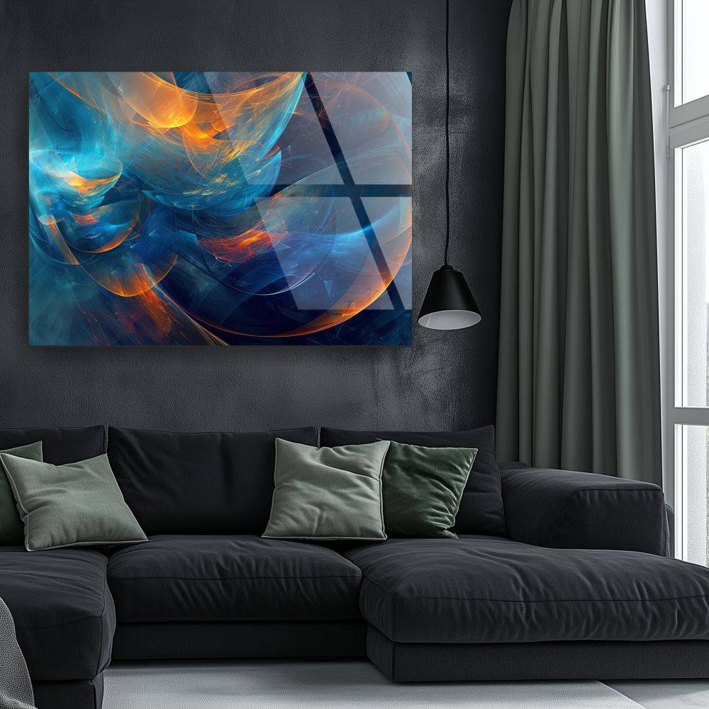 tablou abstract futurist neon energy vortex din sticla acrilica cu vortexuri de lumina albastru si portocaliu [2]