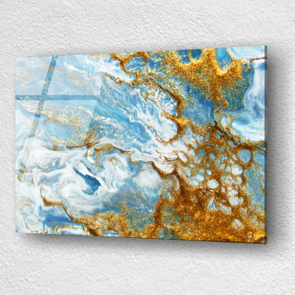 tablou abstract Oceanic Blue & Gold pe sticlă acrilică cu accente aurii și valuri fluid [3]
