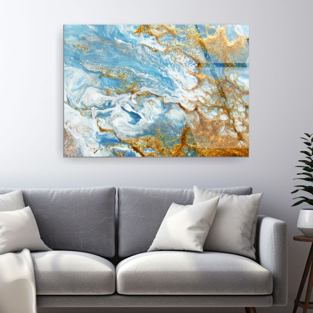 tablou abstract Oceanic Blue & Gold pe sticlă acrilică cu accente aurii și valuri fluid [2]
