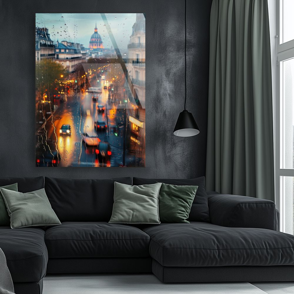 tablou din sticla acrilica Paris Rain cu Les Invalides si strazi pline de lumini reflectate pe asfaltul ud [2]