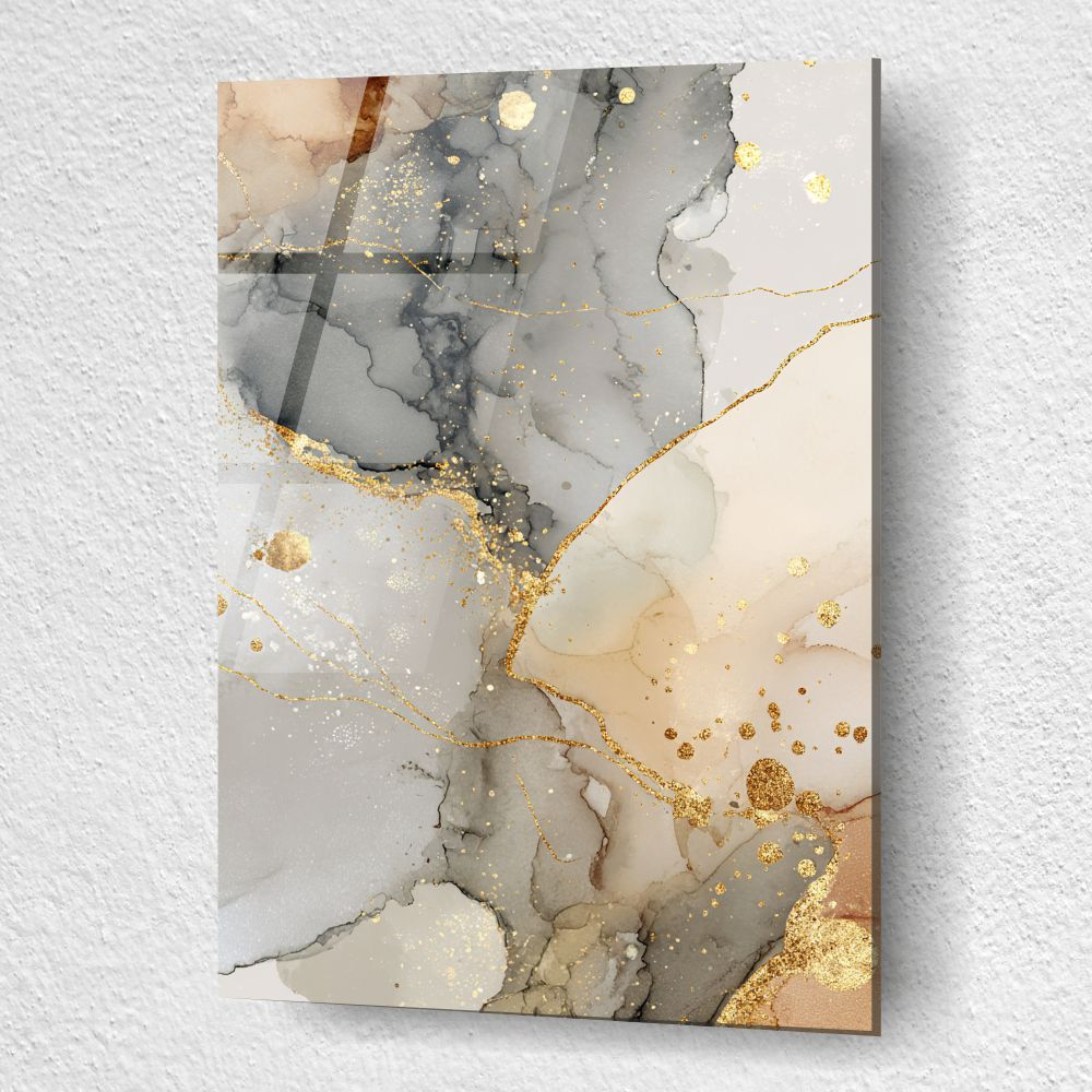 tablou abstract Silver Latte & Gold Drops pe sticlă acrilică cu picături aurii [3]